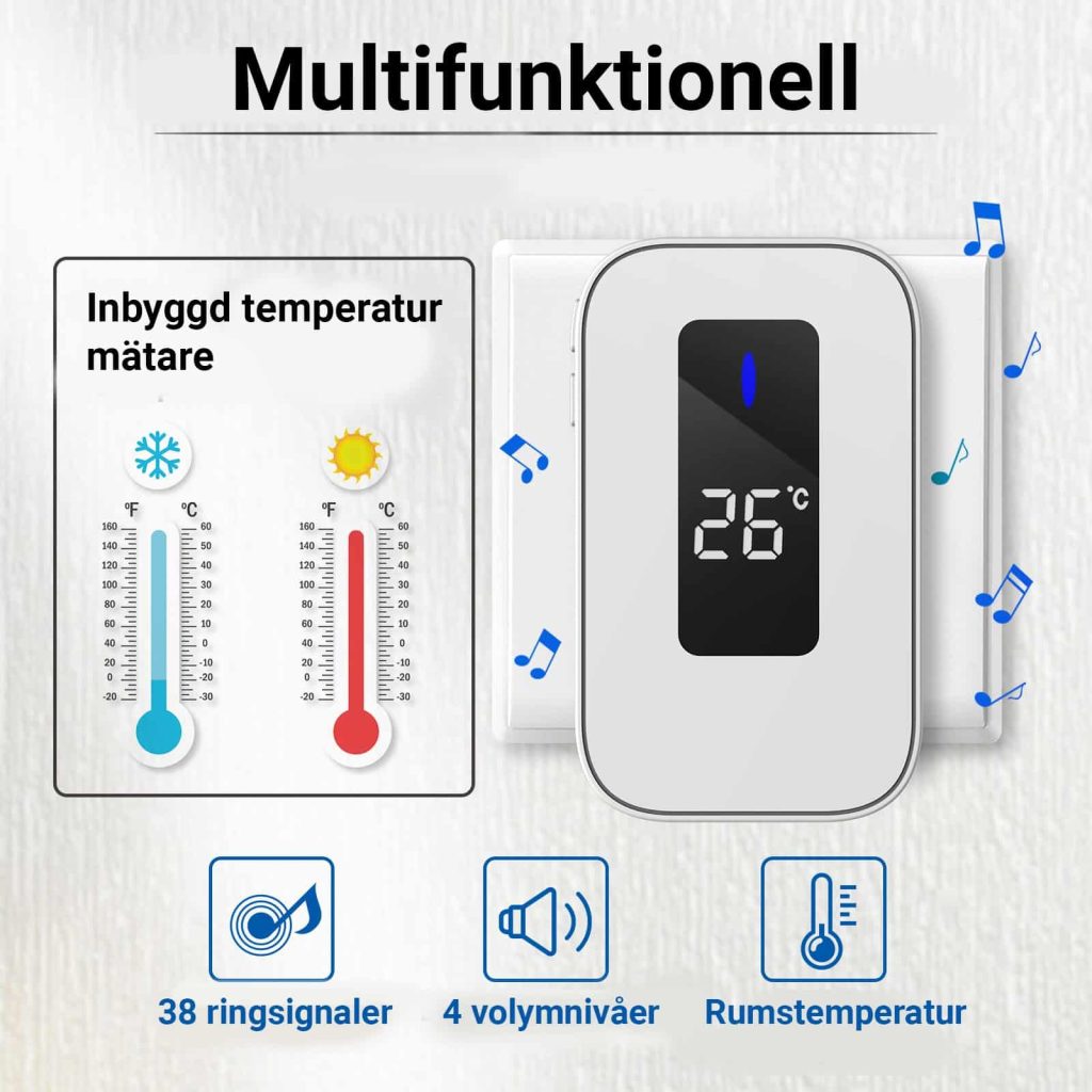 Trådløs ringeklokke Batterifri med innendørs temperatursensor - 150 meter fri luft Kan utvides med flere mottakere