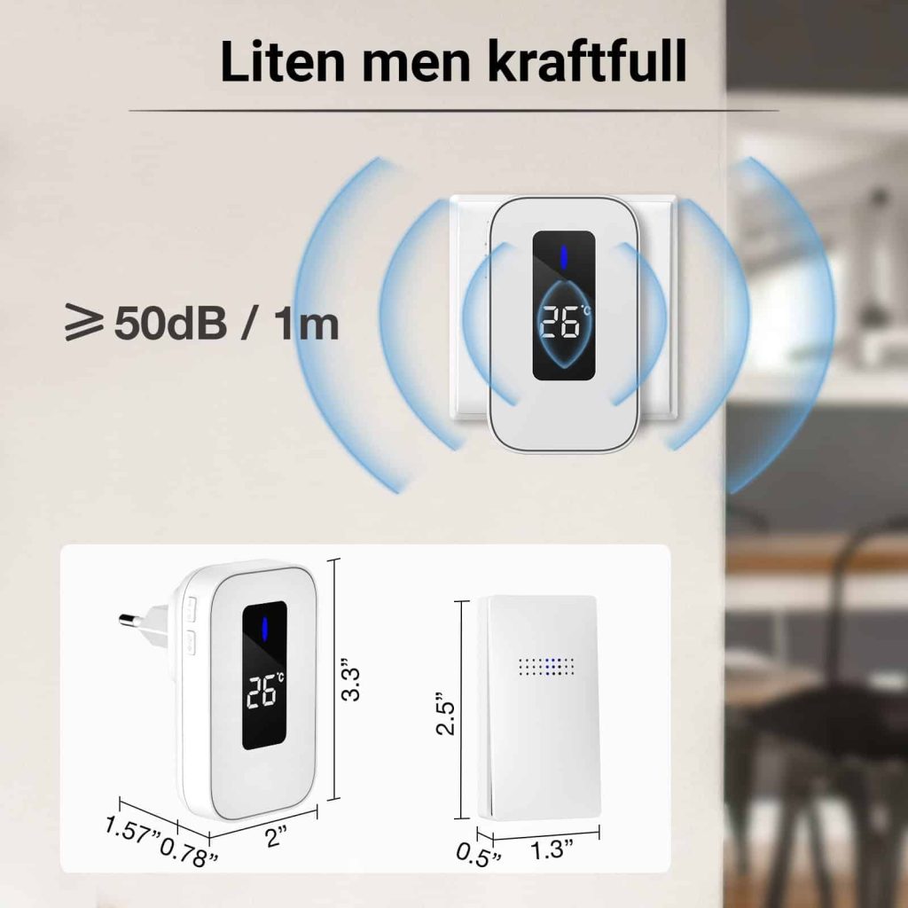 Trådløs ringeklokke Batterifri med innendørs temperatursensor - 150 meter fri luft Kan utvides med flere mottakere