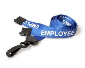 Cordón para empleados con hebilla de seguridad azul y clip en forma de J de plástico, paquete de 100