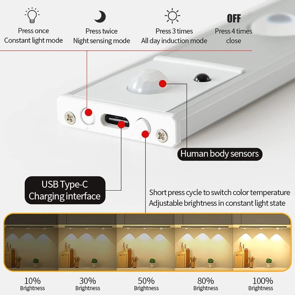 Ljuslist 20CM LED Lampa med Rörelsesensor - Perfekt Garderobsbelysning och Skåpbelysning Silver - obrazek 10