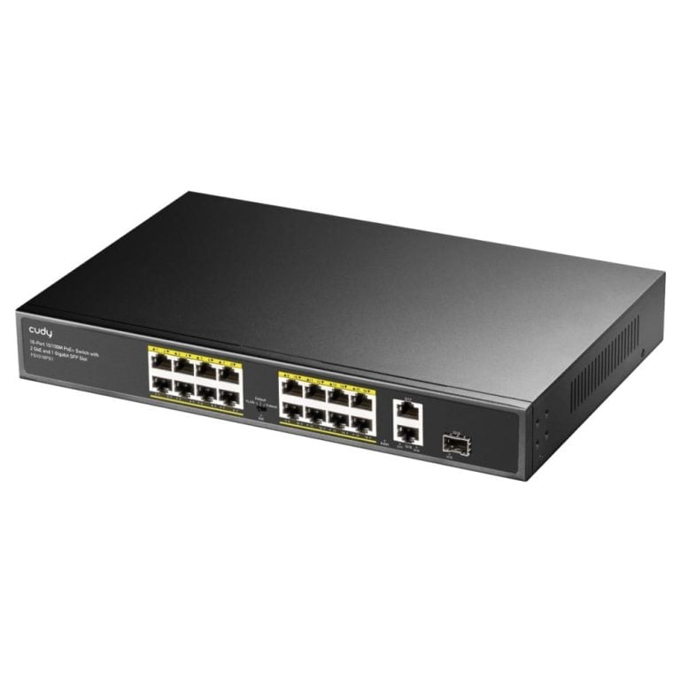 16-porters PoE+ 180W-svitsj med 2 Gigabit Uplink og SFP – FS1018PS1