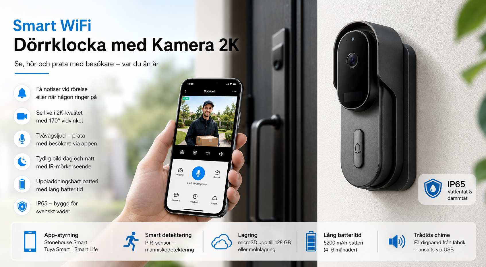 Smart WiFi dörrklocka med kamera och appstyrning