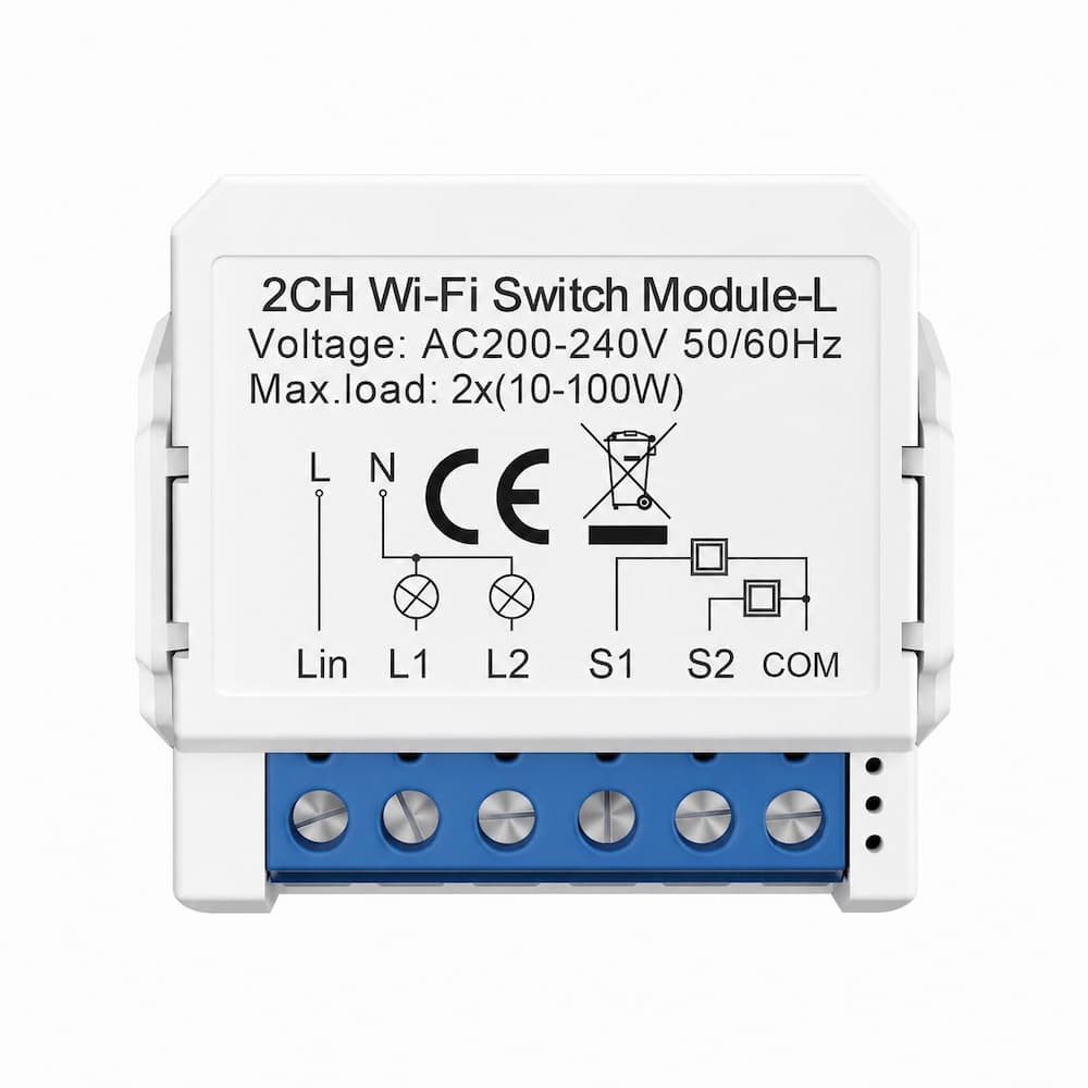 Stonehouse Smart WiFi Relämodul 2-kanaler utan nolla med bypass-kondensator (inkluderad)