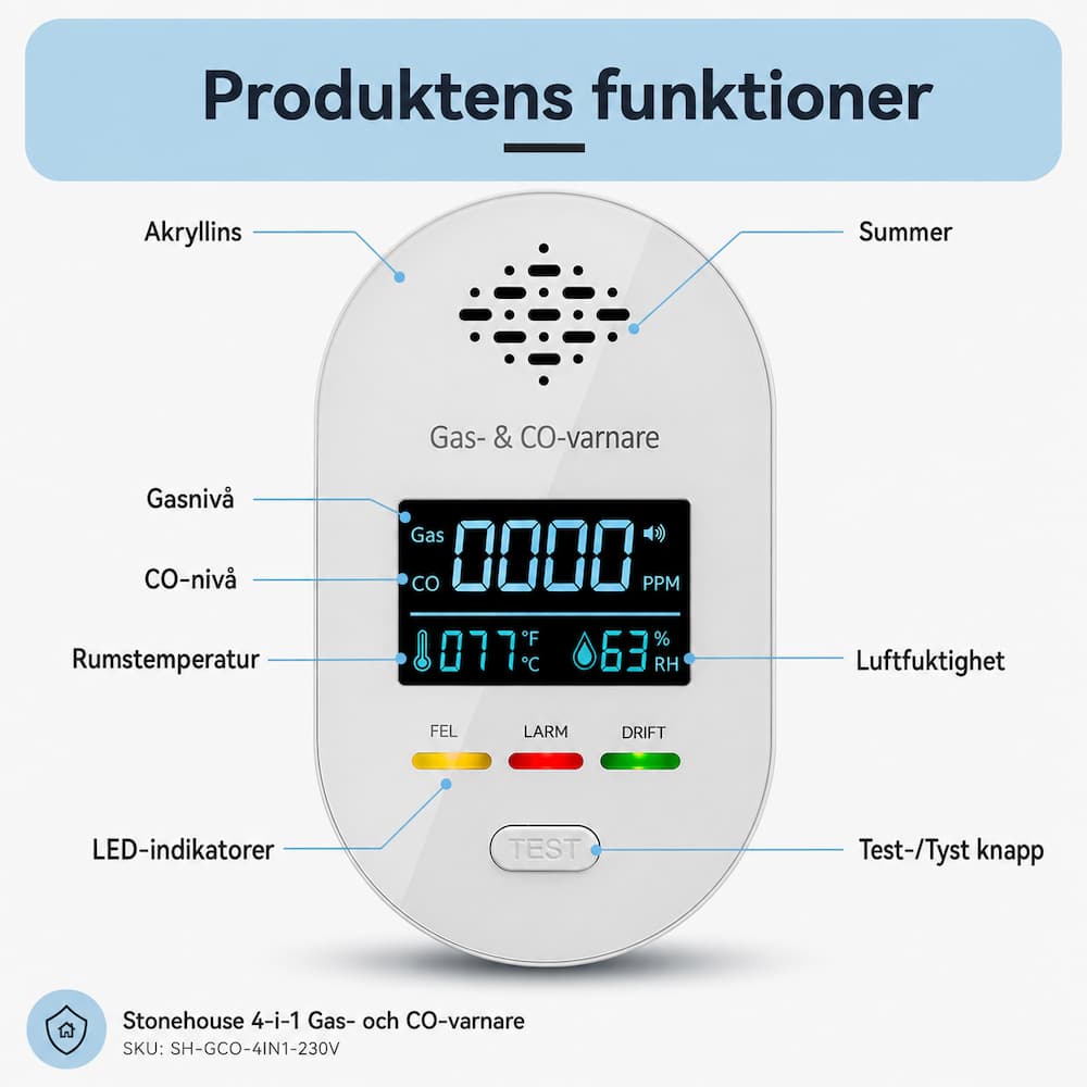 Stonehouse 4-i-1 Gas- och Kolmonoxidvarnare 230V med Temperatur och Luftfuktighet - Bild 2
