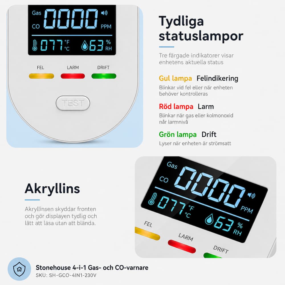 Stonehouse 4-i-1 Gas- och Kolmonoxidvarnare 230V med Temperatur och Luftfuktighet - Bild 3
